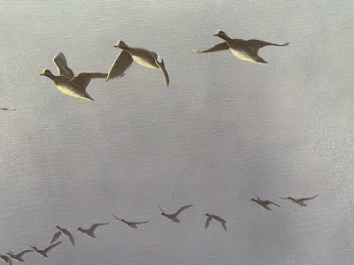 Lot 1243 - Julian Novorol (b.1949) oil on canvas - Widgeon over the Frozen Shore, signed and dated 1995, 61cm x 91cm, in gilt frame
