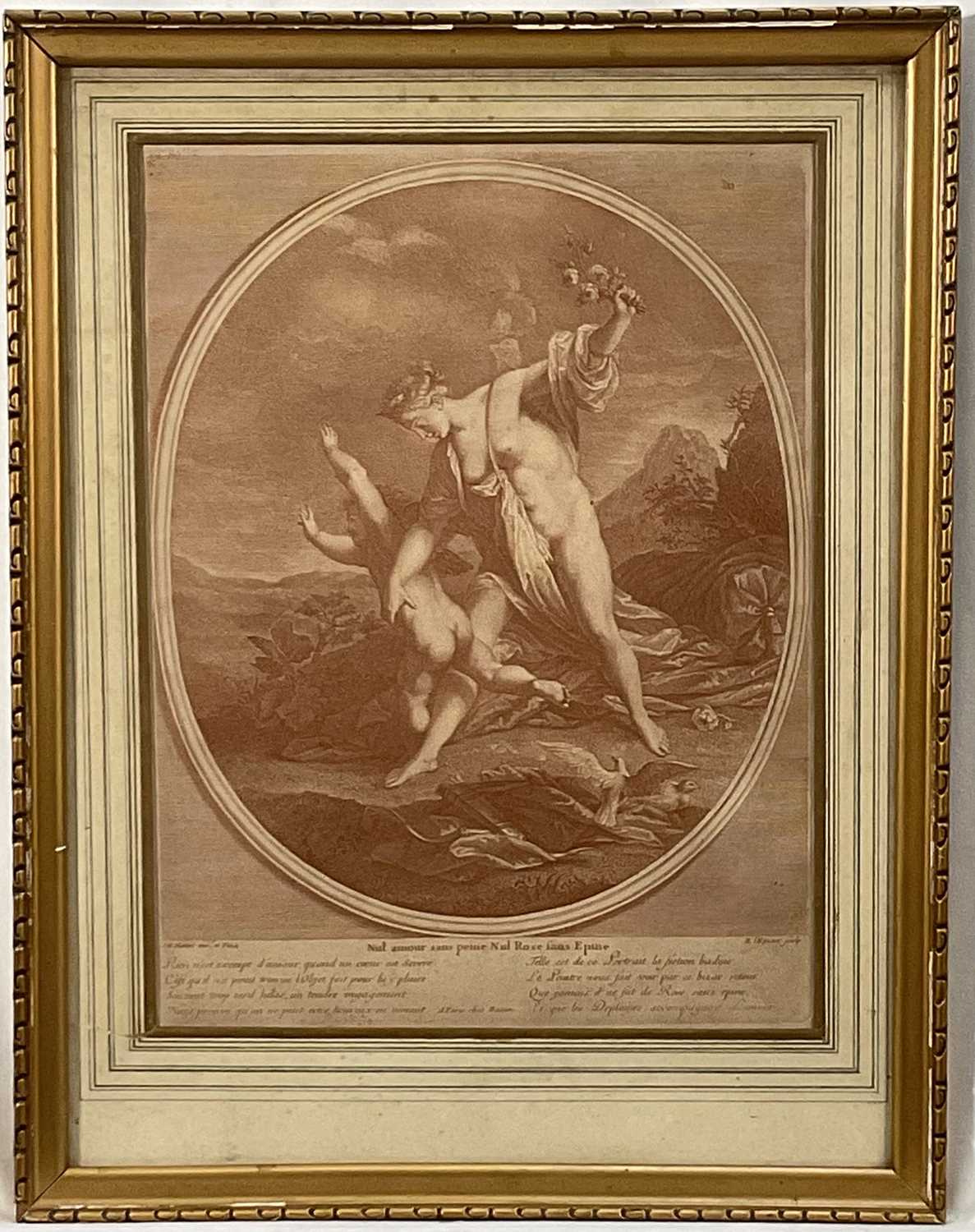 Lot 37 - 18th century, circa 1760, French engraving "Nul amour sans peine", R Lepicier after J.M. Nattier in sanguine colours, glazed gilt frame