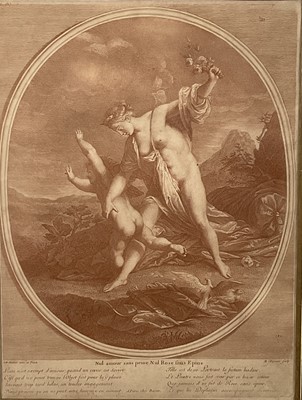 Lot 37 - 18th century, circa 1760, French engraving "Nul amour sans peine", R Lepicier after J.M. Nattier in sanguine colours, glazed gilt frame
