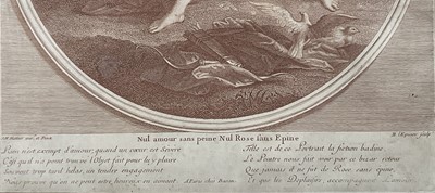 Lot 37 - 18th century, circa 1760, French engraving "Nul amour sans peine", R Lepicier after J.M. Nattier in sanguine colours, glazed gilt frame