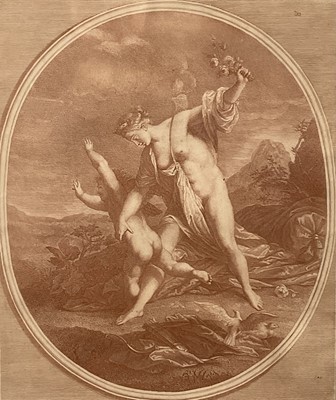Lot 37 - 18th century, circa 1760, French engraving "Nul amour sans peine", R Lepicier after J.M. Nattier in sanguine colours, glazed gilt frame