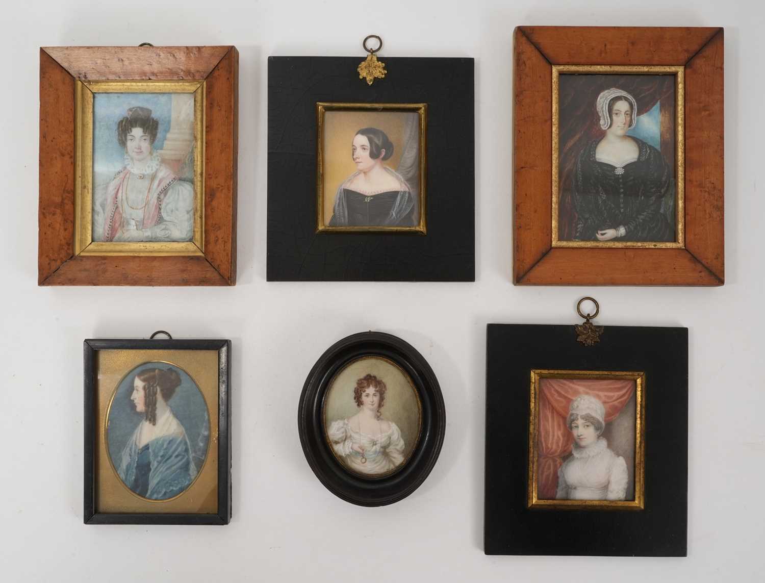 Lot 985 - Good group of six 19th century portraits of ladies on ivory