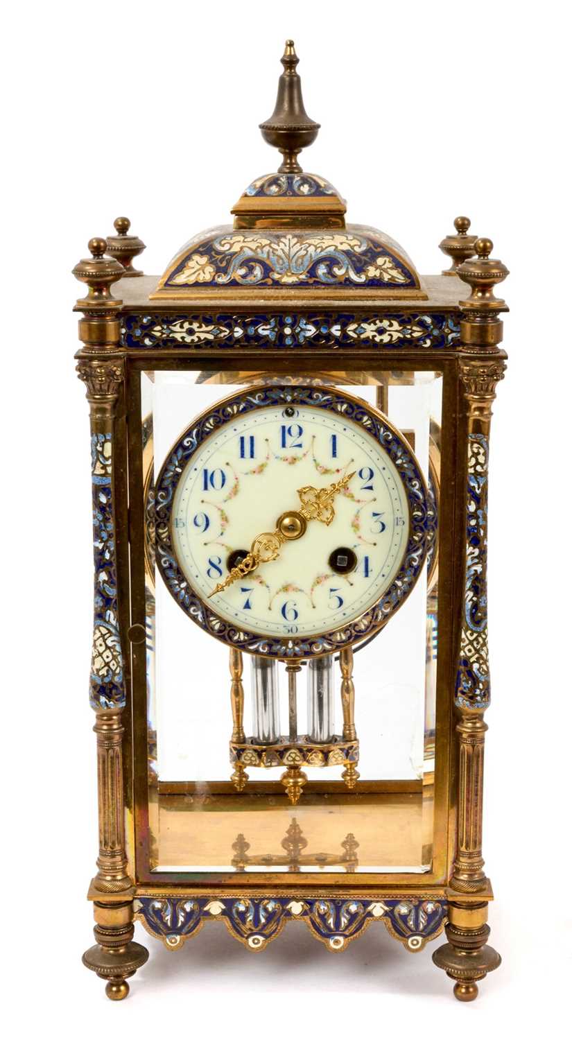 Lot 733 - Good quality Early 20th century French champlevé enamel inlaid gilt brass four glass mantel clock with French movement and mercury adjustable pendulum, 35.5cm