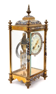 Lot 733 - Good quality Early 20th century French champlevé enamel inlaid gilt brass four glass mantel clock with French movement and mercury adjustable pendulum, 35.5cm