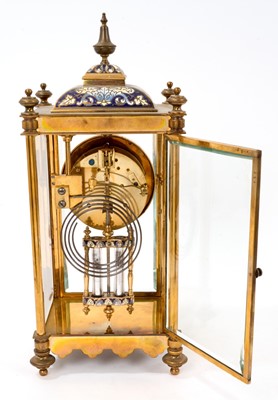 Lot 733 - Good quality Early 20th century French champlevé enamel inlaid gilt brass four glass mantel clock with French movement and mercury adjustable pendulum, 35.5cm