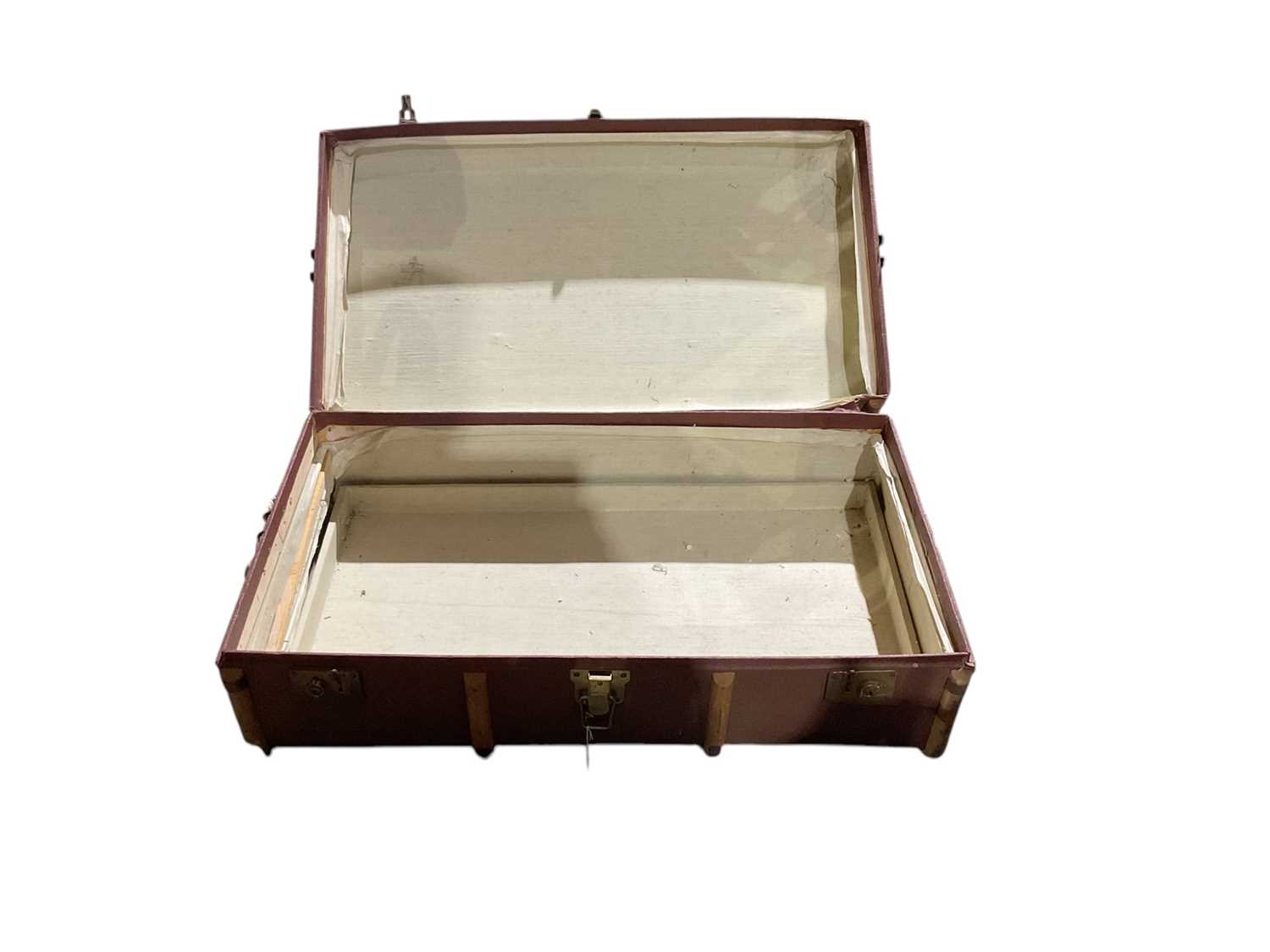 Lot 27 - Vintage wooden bound travelling trunk and a toilet mirror
