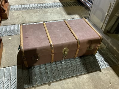 Lot 27 - Vintage wooden bound travelling trunk and a toilet mirror