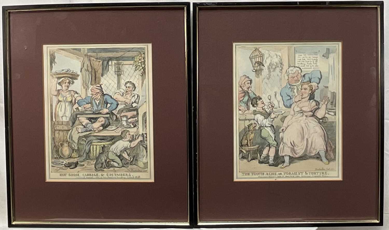 Lot 94 - After Rowlandson - 'The Tooth Ache, or Torment & Torture' and 'Hot Goose, Cabbage & Cucumbers', both 25cm x 19cm and framed and glazed (2)