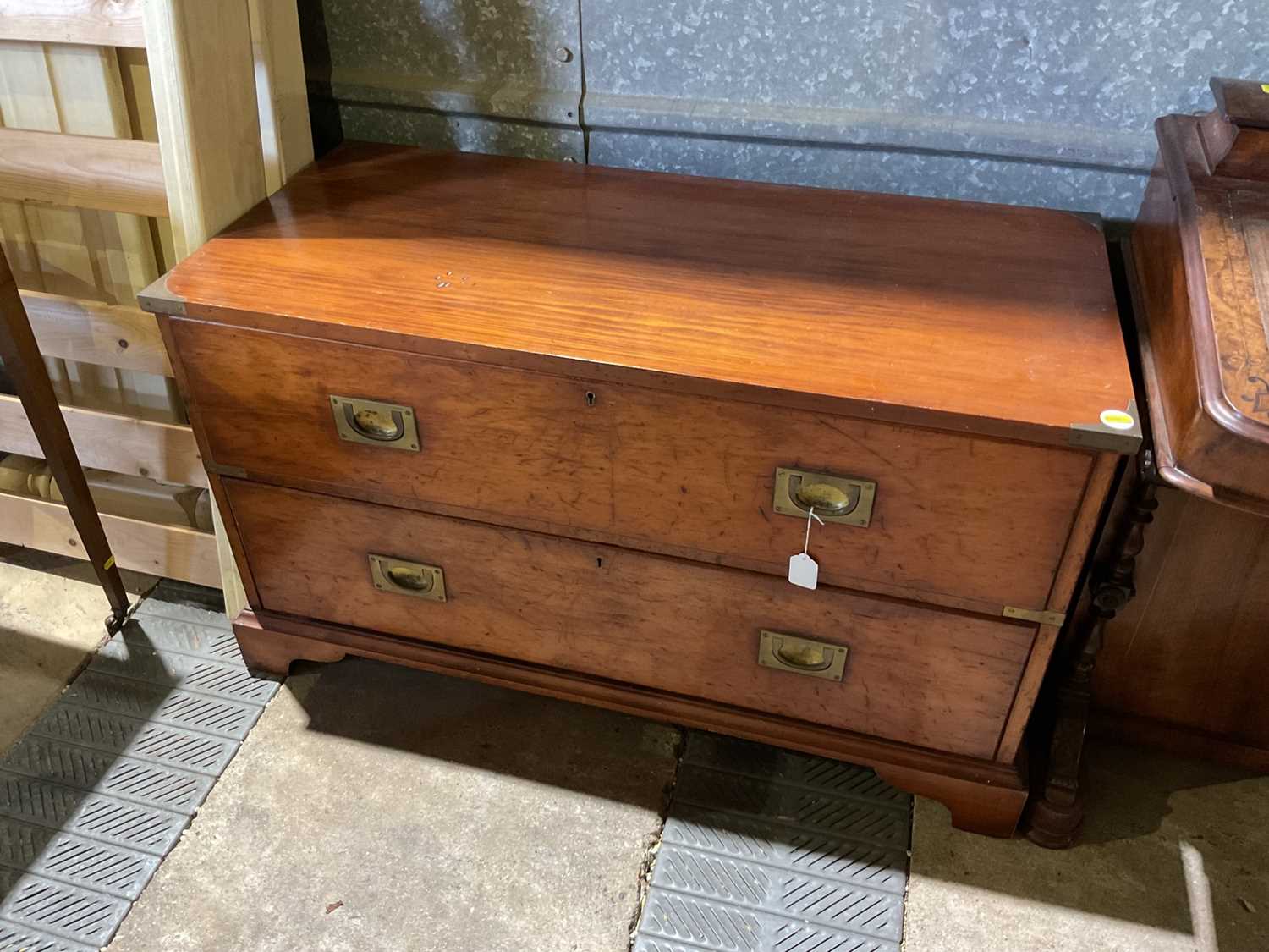Lot 36 - Nineteenth century brass bound military chest of two drawers with flush brass handles, 110cm wide, 50.5cm deep, 62cm high