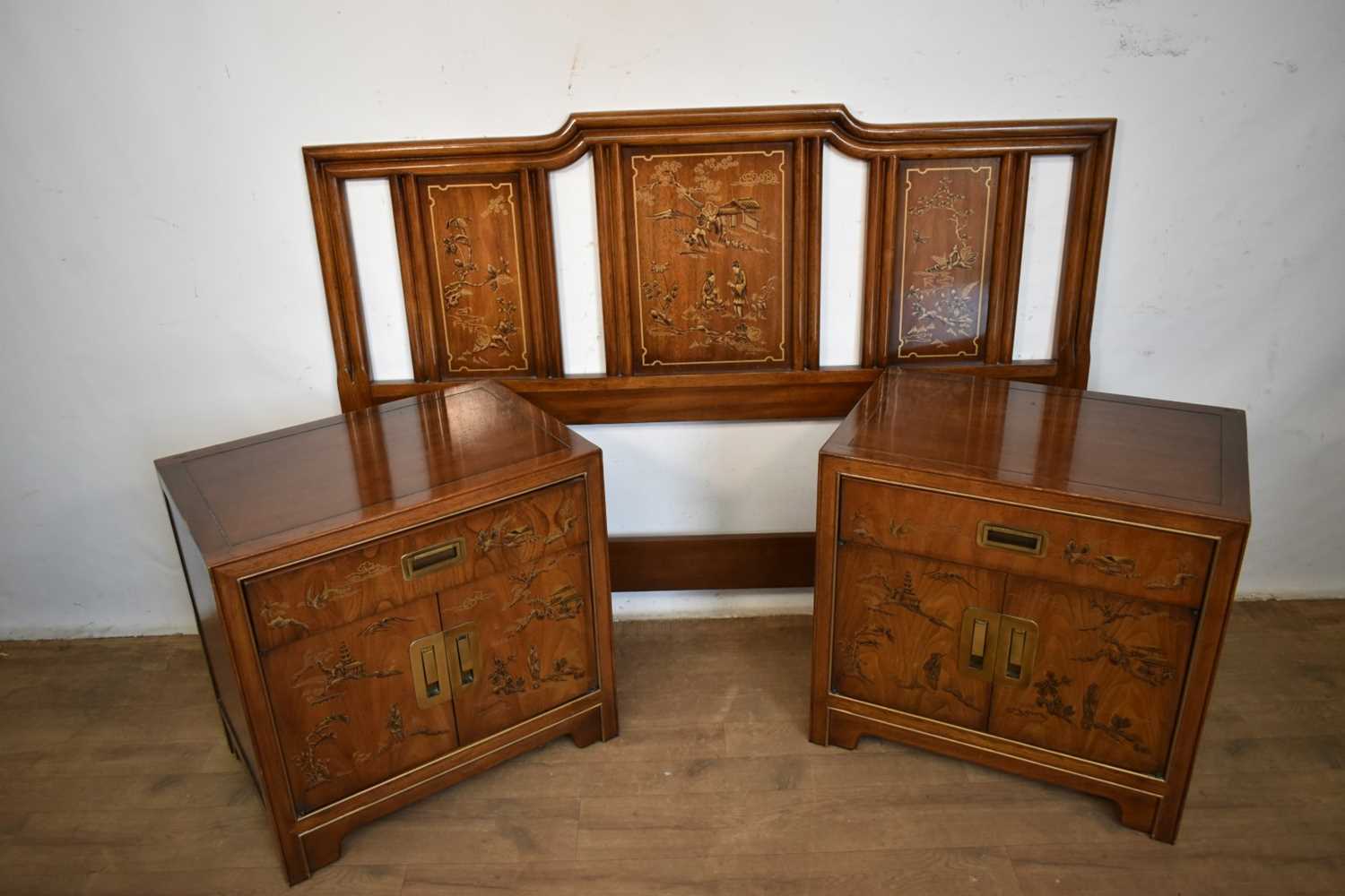 Lot 1549 - Two Drexel Heritage Furniture "Chinoiserie" bedside "nightstand" cabinets and a matching bed headboard