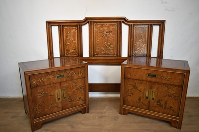 Lot 1549 - Two Drexel Heritage Furniture "Chinoiserie" bedside "nightstand" cabinets and a matching bed headboard
