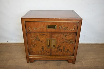 Lot 1549 - Two Drexel Heritage Furniture "Chinoiserie" bedside "nightstand" cabinets and a matching bed headboard