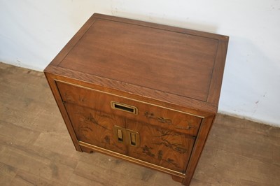 Lot 1549 - Two Drexel Heritage Furniture "Chinoiserie" bedside "nightstand" cabinets and a matching bed headboard