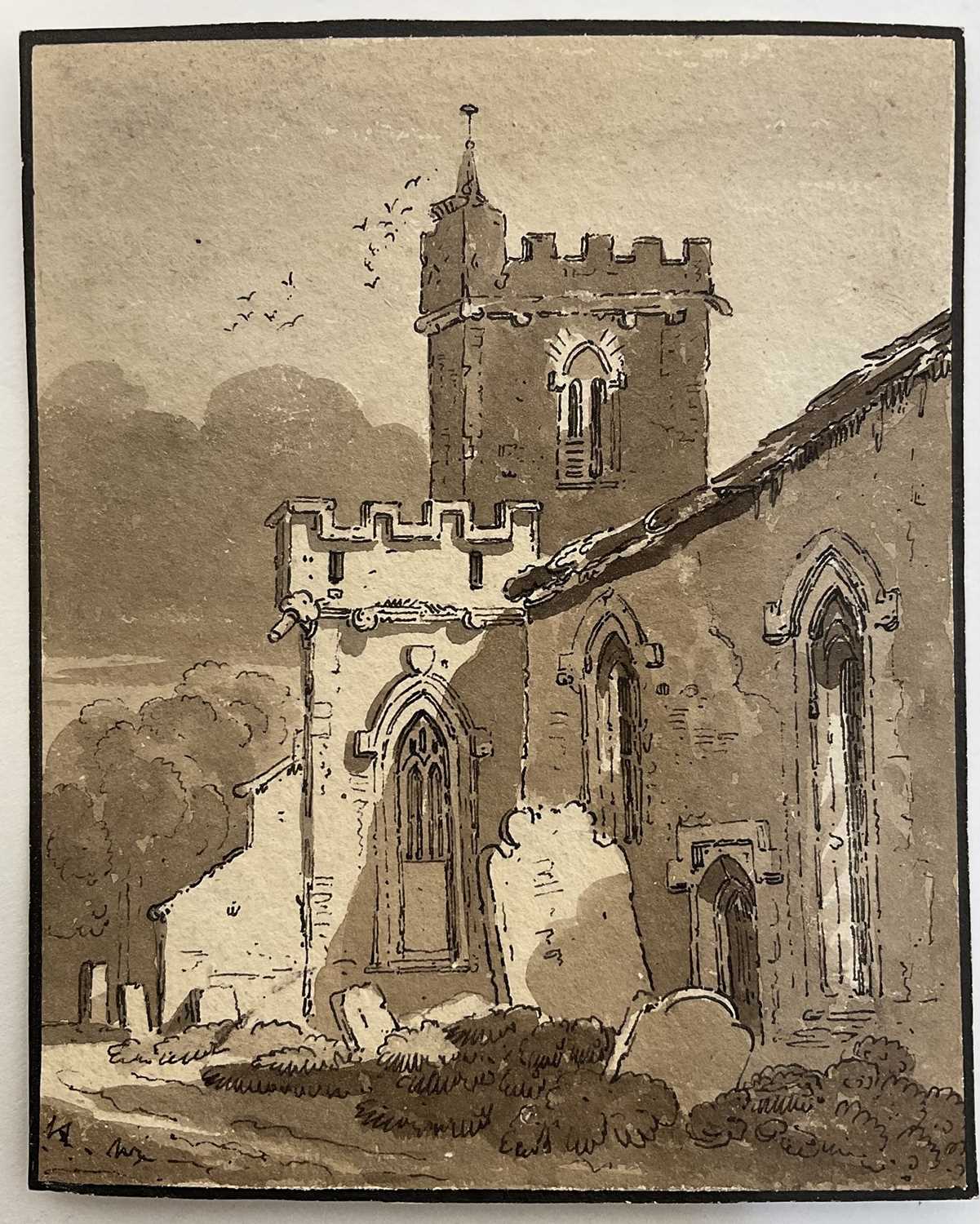 Lot 62 - English School, early 19th Century monochrome watercolour - A Country Church, 14cm x 11cm, unframed