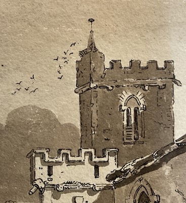 Lot 62 - English School, early 19th Century monochrome watercolour - A Country Church, 14cm x 11cm, unframed
