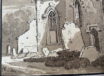 Lot 62 - English School, early 19th Century monochrome watercolour - A Country Church, 14cm x 11cm, unframed