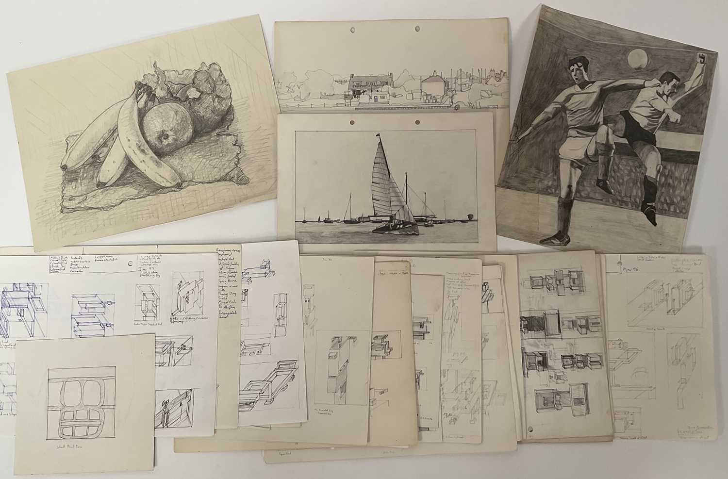 Lot 95 - Ron Sims (1944-2014) collection of sketches - preparatory drawings for abstract works and others to include a study of footballers and two landscapes, the largest 23cm x 32cm, approx 25