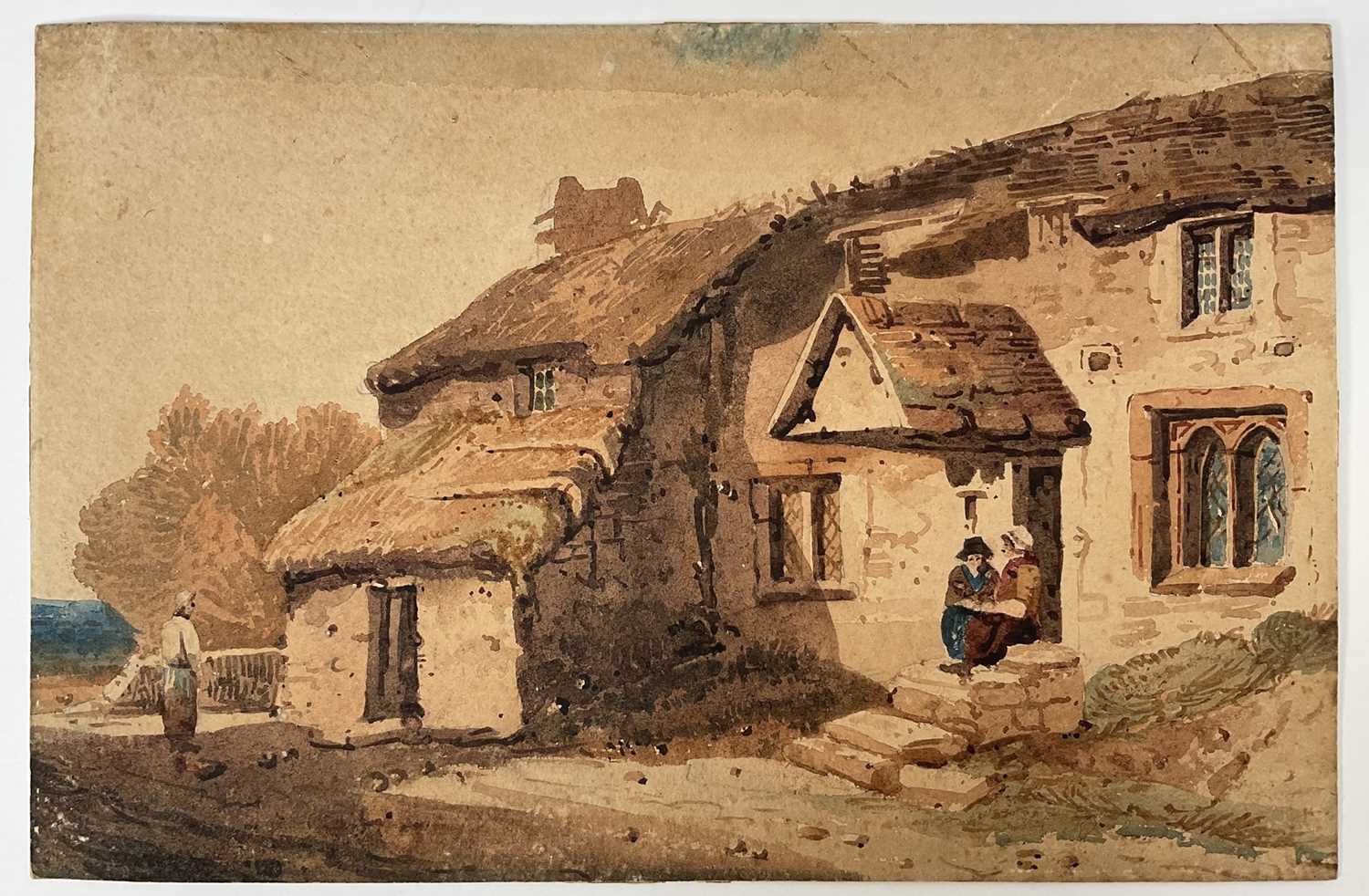 Lot 58 - Manner of Thomas Girtin (1775-1802) watercolour, figures on the steps of a rural house, unframed
