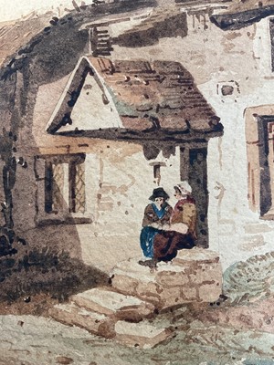 Lot 58 - Manner of Thomas Girtin (1775-1802) watercolour, figures on the steps of a rural house, unframed