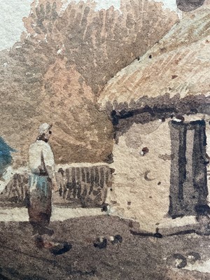 Lot 58 - Manner of Thomas Girtin (1775-1802) watercolour, figures on the steps of a rural house, unframed
