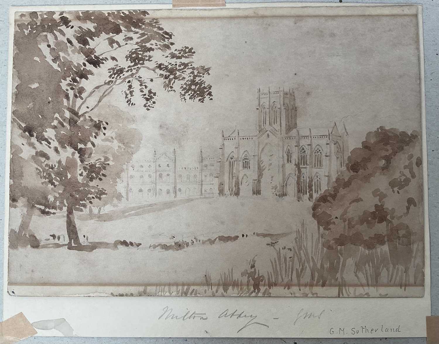 Lot 61 - Attributed to George Mowbray Sutherland (act. 1861-1866) watercolour sketch of Milton Abbey, unframed