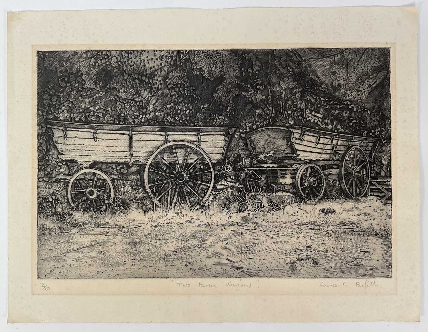 Lot 88 - James R. Parfitt, signed limited edition etching - 'Two Farm Wagons', 12/60, 28cm x 43cm, unframed