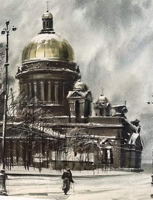 Lot 87 - Neil Shafiev, Russian School, watercolour, second half 20th century - a view of St. Isaac Cathedral, St. Petersburg, inscribed verso, 35cm x 47cm, unframed