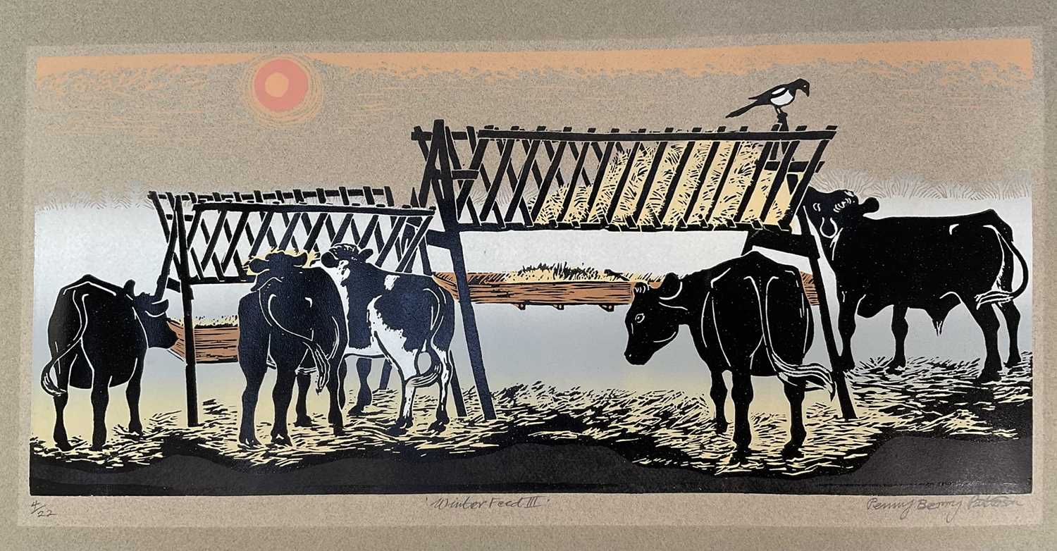 Lot 89 - Penny Berry Paterson (1941-2021) linocut - 'Winter Feed', 4/22, mounted