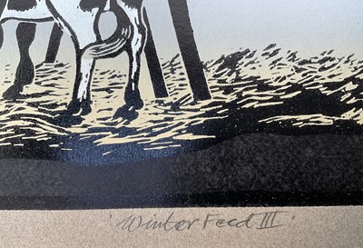 Lot 89 - Penny Berry Paterson (1941-2021) linocut - 'Winter Feed', 4/22, mounted