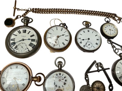 Lot 79 - Collection of seven antique pocket watches to include four silver cased, gold plated full hunter and two others, together with two silver watch chains with fobs