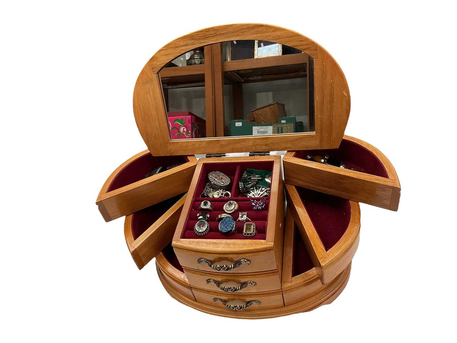 Lot 111 - Wooden jewellery box containing silver and white metal jewellery including gem set pendants and rings, earrings, green hard stone bead necklaces etc