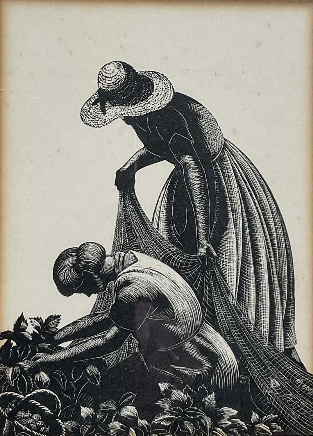 Lot 50 - Clare Leighton (1898-1989) wood engraving, Strawberry Picking, from Four Hedges (1935), 14cm x 10cm, glazed frame
