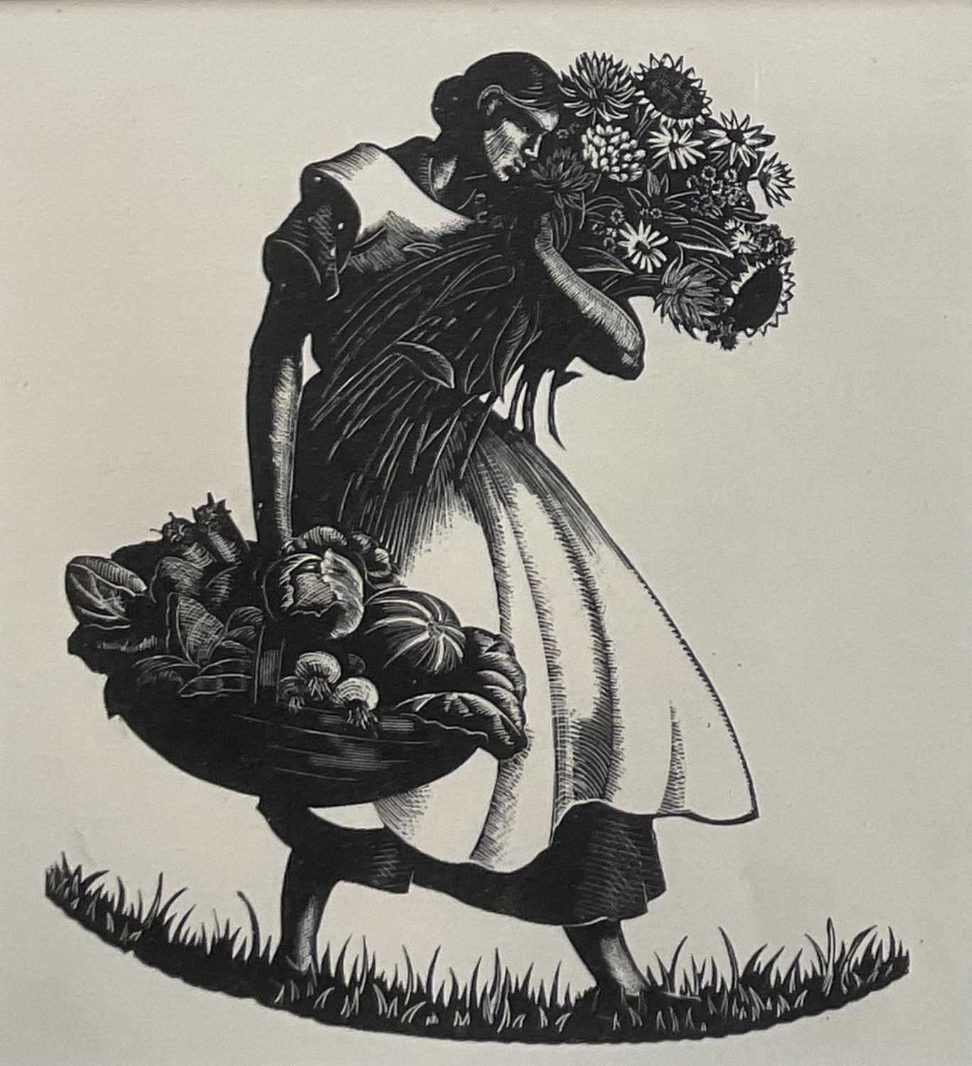 Lot 52 - Clare Leighton (1898-1989) wood engraving, Woman with Flowers, from Country Matters (1937), 13cm x 12cm, glazed frame