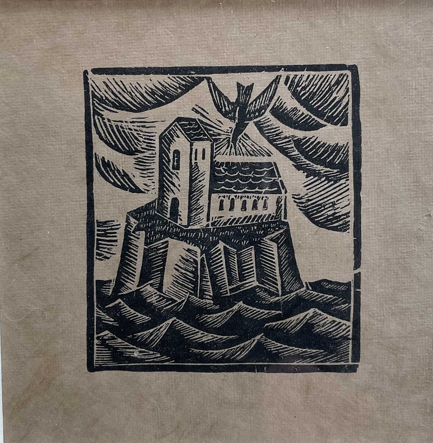 Lot 54 - David Jones (1895-1974) wood engraving, The Church on the Rock, limited edition of 75, 6.5cm x 6.5cm, glazed frame