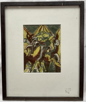 Lot 69 - Julia Mary Mavrogordato (1903-1992) wood cut print, figures and horses