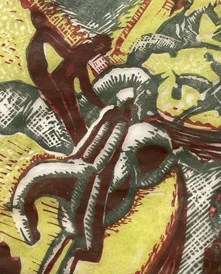 Lot 69 - Julia Mary Mavrogordato (1903-1992) wood cut print, figures and horses
