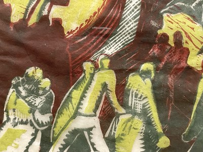 Lot 69 - Julia Mary Mavrogordato (1903-1992) wood cut print, figures and horses
