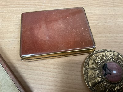 Lot 247 - Miniature enamelled dressing table set, cased, onyx snuff box, Chinese mirror, other vertu items