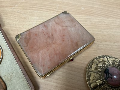 Lot 247 - Miniature enamelled dressing table set, cased, onyx snuff box, Chinese mirror, other vertu items
