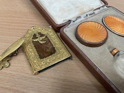 Lot 247 - Miniature enamelled dressing table set, cased, onyx snuff box, Chinese mirror, other vertu items