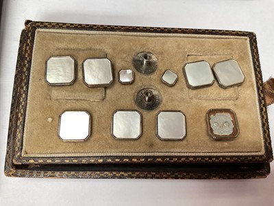 Lot 6 - Art Deco set of silver and 14ct gold cufflinks and stud set with mother of pearl panels, together with a set of six Art Nouveau silver buttons and three other silver buttons, all in fitted cases...