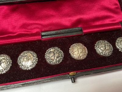 Lot 6 - Art Deco set of silver and 14ct gold cufflinks and stud set with mother of pearl panels, together with a set of six Art Nouveau silver buttons and three other silver buttons, all in fitted cases...