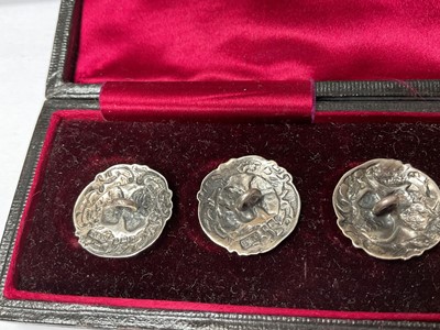 Lot 6 - Art Deco set of silver and 14ct gold cufflinks and stud set with mother of pearl panels, together with a set of six Art Nouveau silver buttons and three other silver buttons, all in fitted cases...