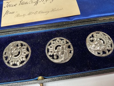 Lot 6 - Art Deco set of silver and 14ct gold cufflinks and stud set with mother of pearl panels, together with a set of six Art Nouveau silver buttons and three other silver buttons, all in fitted cases...