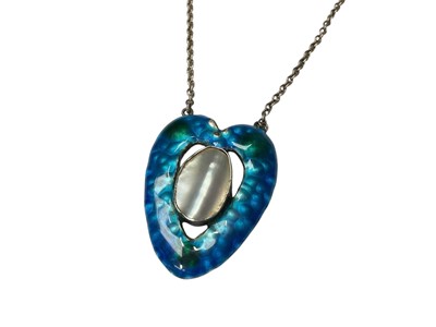 Lot 44 - Art Nouveau silver, enamel and mother of pearl pendant necklace, Norwegian silver and enamel brooch signed J Tostrup and Monster Beskyttet etc