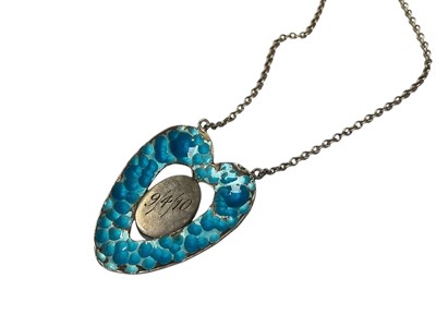 Lot 44 - Art Nouveau silver, enamel and mother of pearl pendant necklace, Norwegian silver and enamel brooch signed J Tostrup and Monster Beskyttet etc