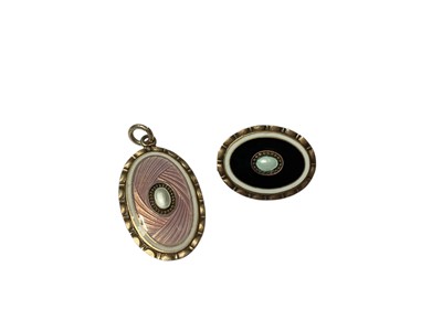 Lot 44 - Art Nouveau silver, enamel and mother of pearl pendant necklace, Norwegian silver and enamel brooch signed J Tostrup and Monster Beskyttet etc
