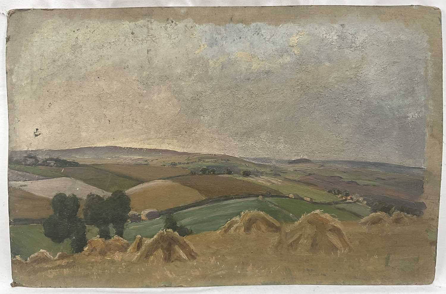 Lot 96 - English School, early 20th century, oil on card - Harvest Landscape, unframed, 26cm x 40cm