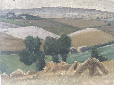 Lot 96 - English School, early 20th century, oil on card - Harvest Landscape, unframed, 26cm x 40cm