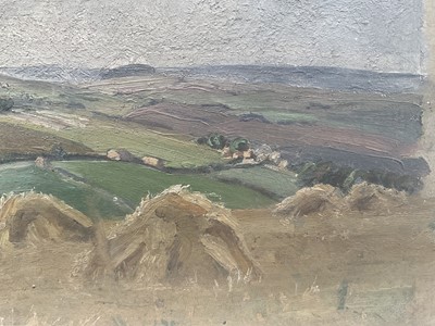 Lot 96 - English School, early 20th century, oil on card - Harvest Landscape, unframed, 26cm x 40cm